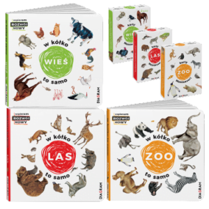 3 książki W kółko to samo WIEŚ+LAS+ZOO i 3 zestawy kart Karty Montessori WIEŚ+LAS+ZOO